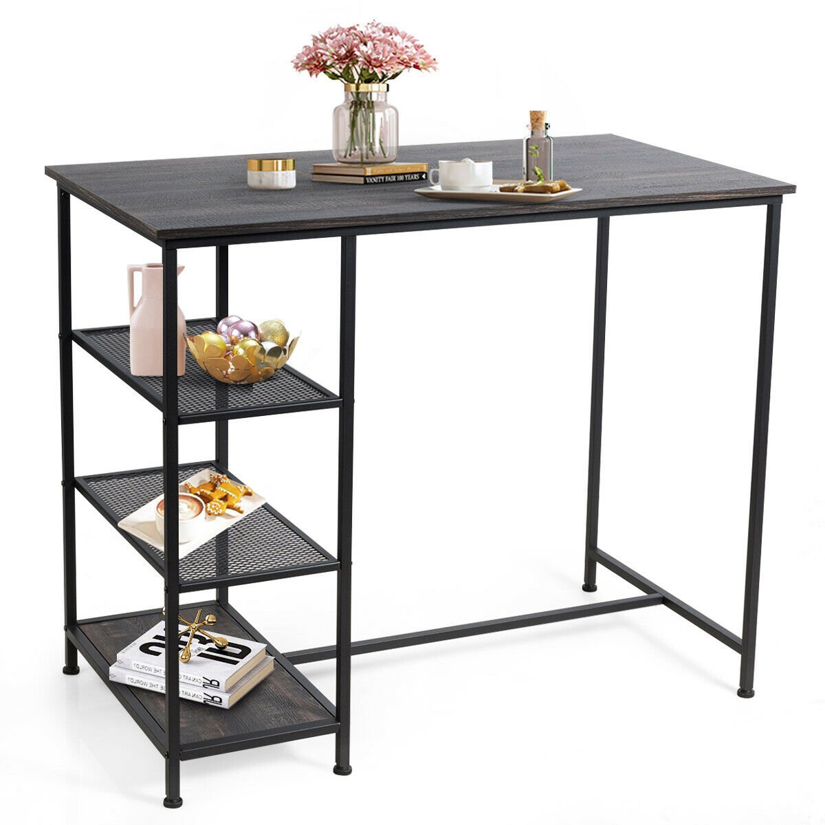 Industrial Dining Bar Pub Table with Metal Frame and Storage Shelves, Black