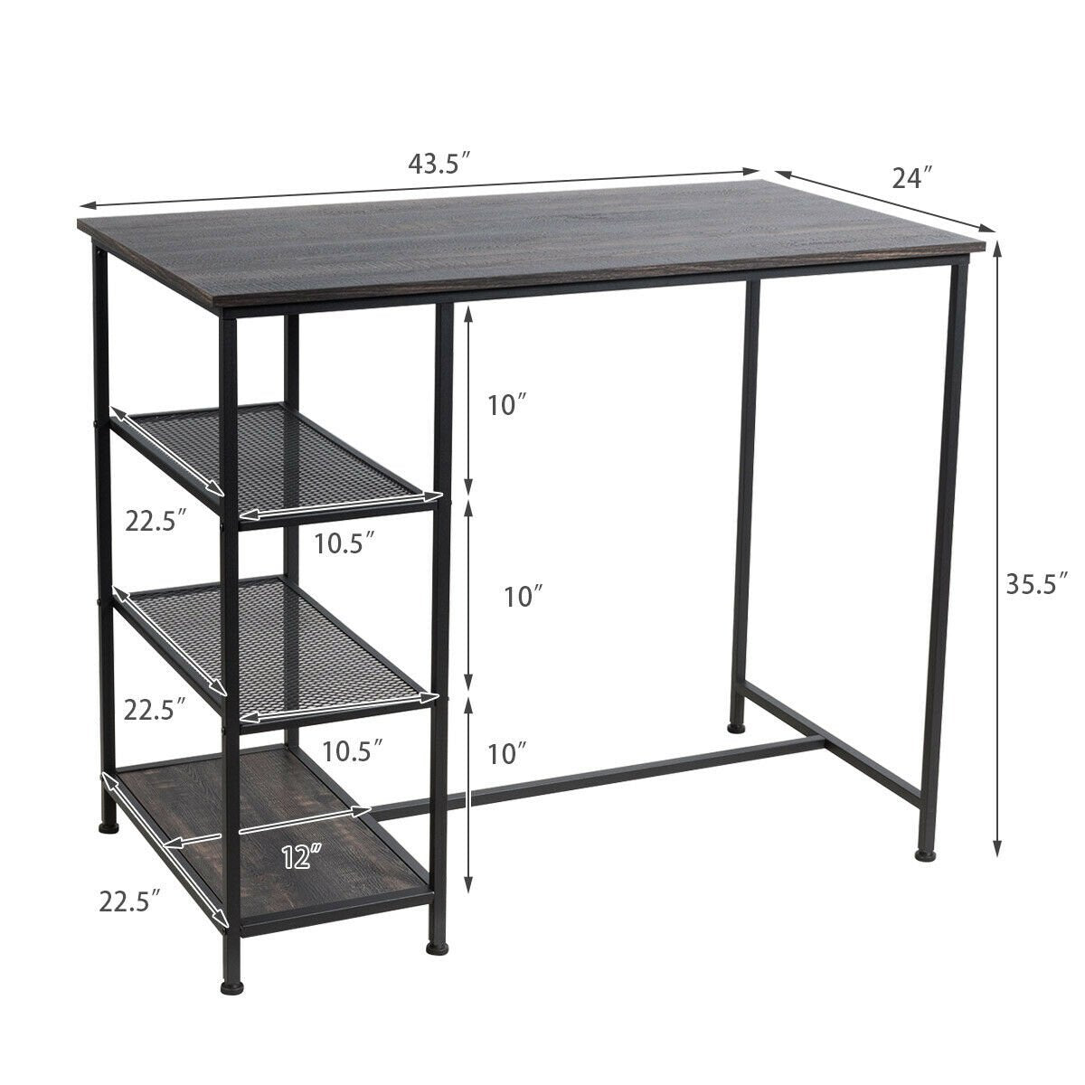 Industrial Dining Bar Pub Table with Metal Frame and Storage Shelves, Black