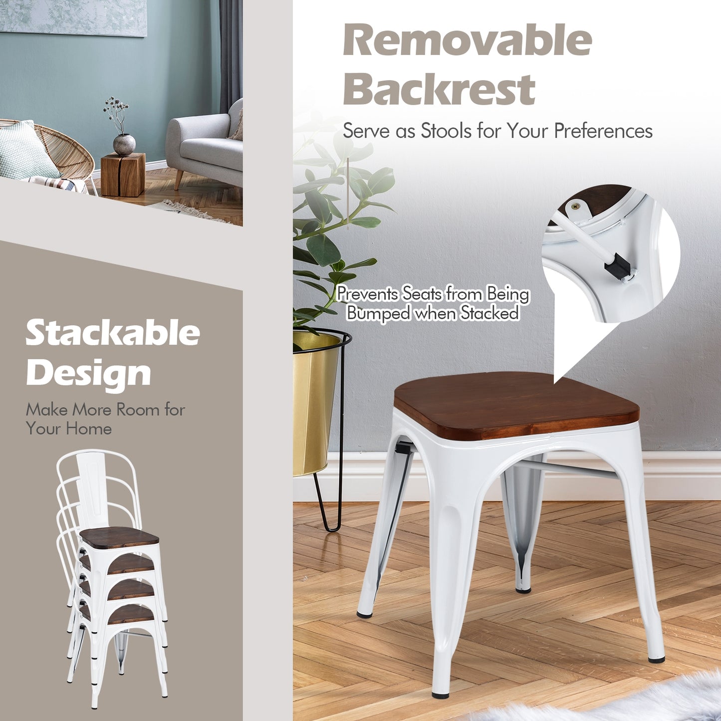 Tolix Style Metal Dining Chairs, Set of 4, Wood Seat, White Dining Chairs at Gallery Canada