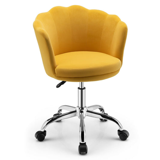 Upholstered Velvet Kids Desk Chair with Wheels and Seashell Back, Yellow