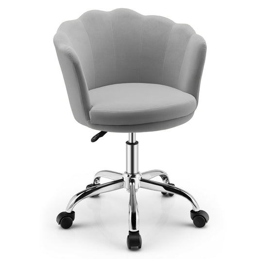 Upholstered Velvet Kids Desk Chair with Wheels and Seashell Back, Gray