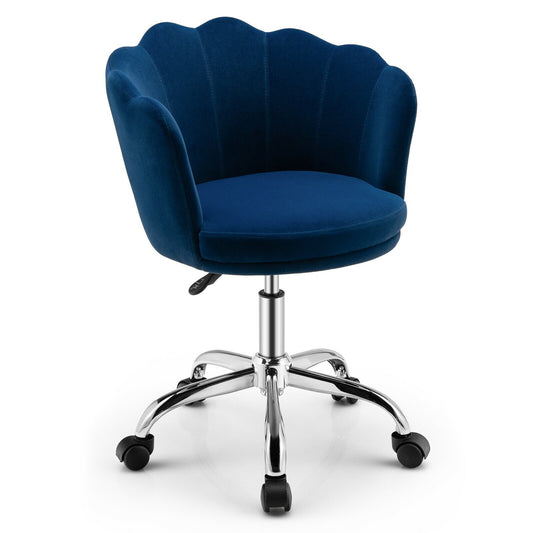 Upholstered Velvet Kids Desk Chair with Wheels and Seashell Back, Blue