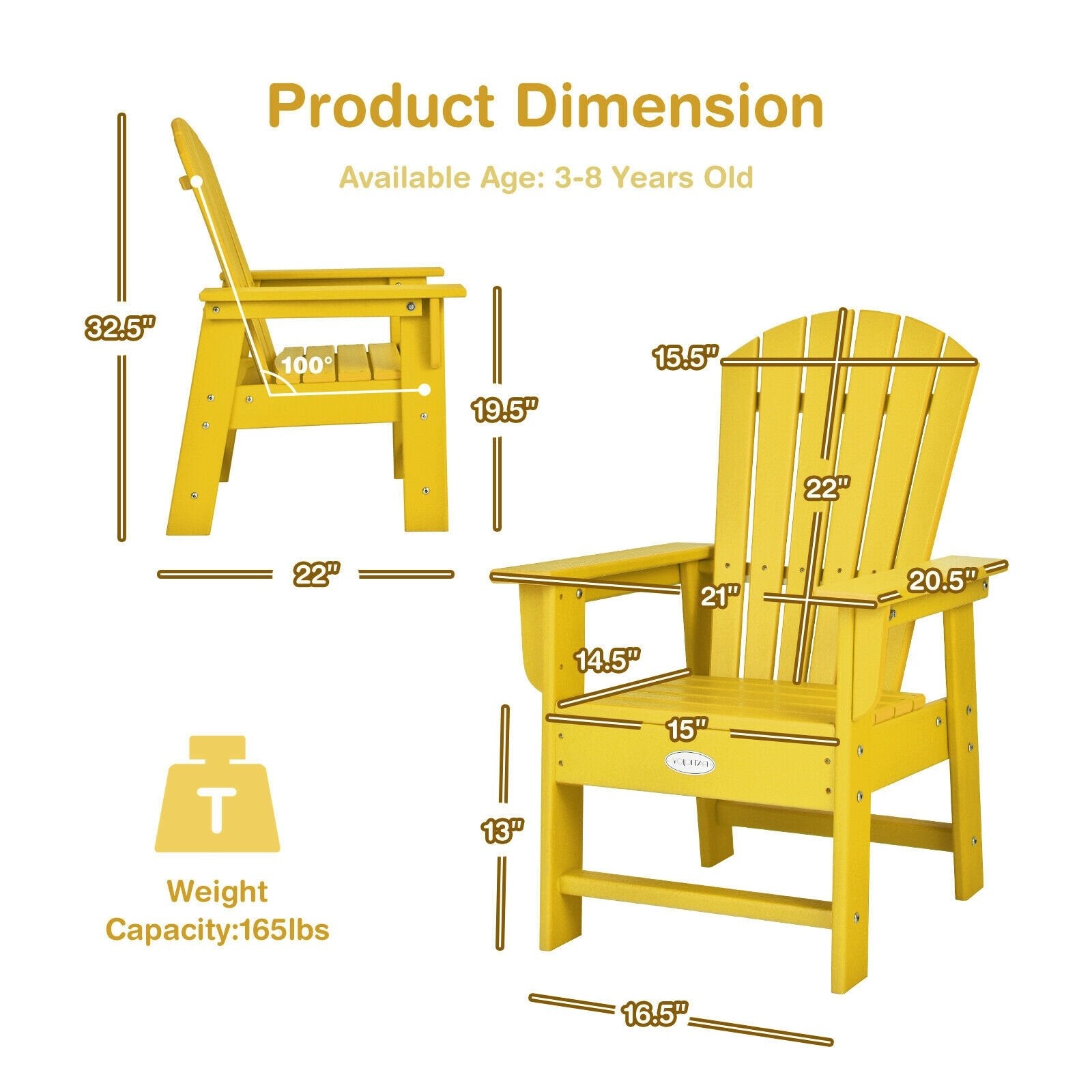 Patio Kids' Adirondack Chair with Ergonomic Backrest, Yellow at Gallery Canada