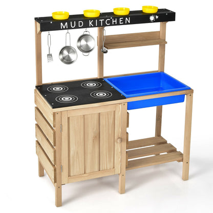 Outdoor Mud Kids Kitchen Playset Wooden Pretend Play Toy with Kitchenware, Natural