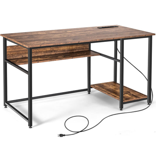 55 Inch Computer Desk with Power Outlets and USB Ports for Home and Office, Rustic Brown