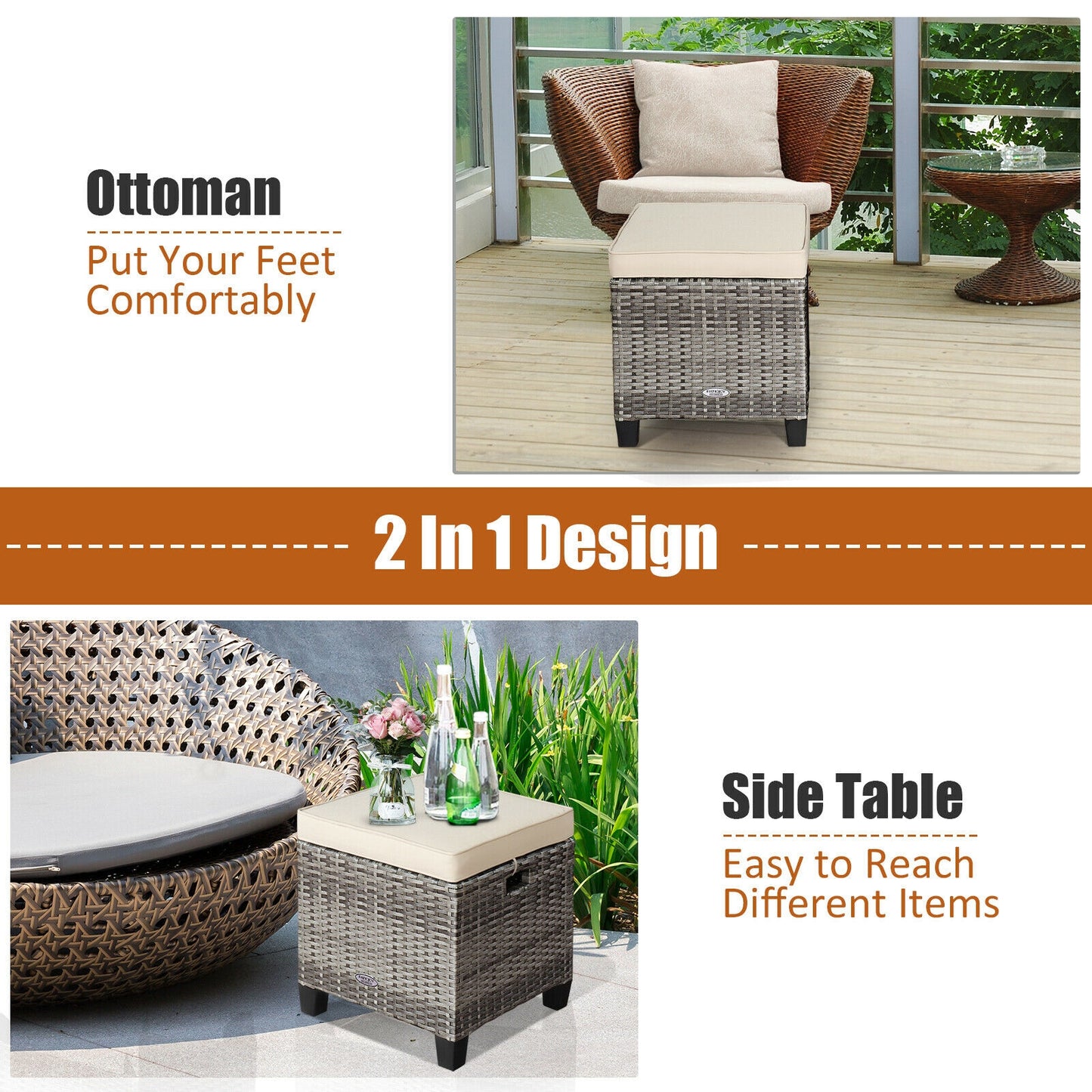 Patio Rattan Ottoman Seat With Removable Cushions, 2 Pieces, Beige Outdoor Seating & Patio Chairs at Gallery Canada