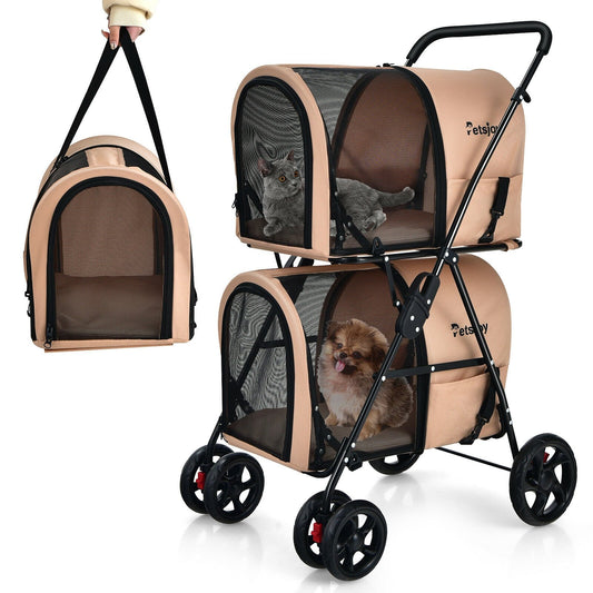 4-in-1 Double Pet Stroller with Detachable Carrier and Travel Carriage, Beige
