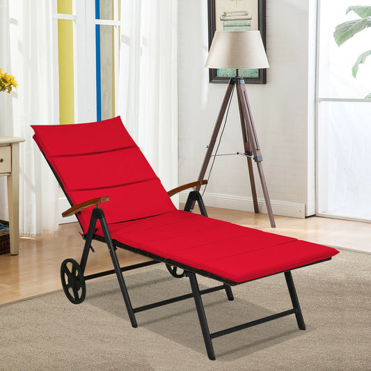 Folding Rattan Lounge Chair With Wheels, Red Outdoor Chaise Lounges Red at Gallery Canada