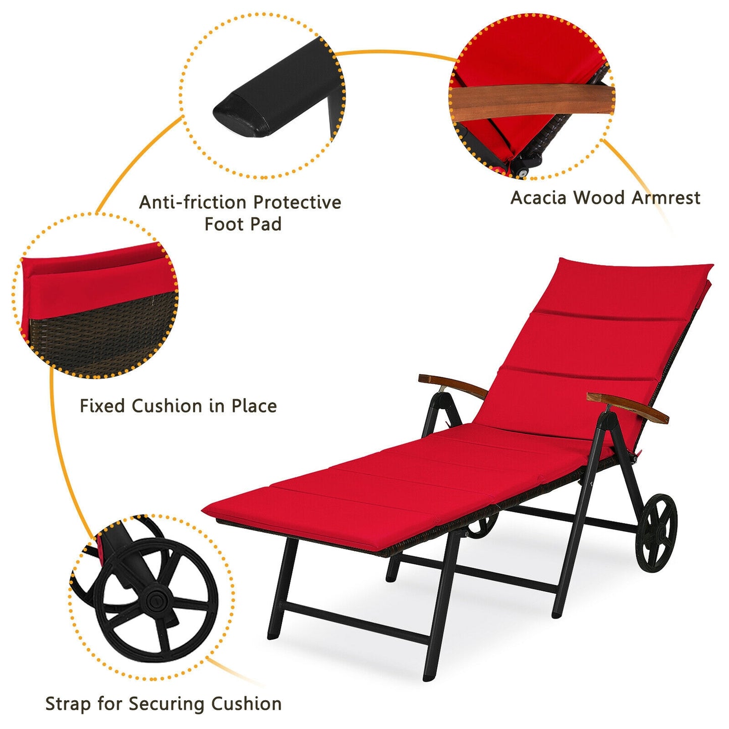 Folding Patio Rattan Lounge Chair with Wheels, Red Outdoor Chaise Lounges at Gallery Canada