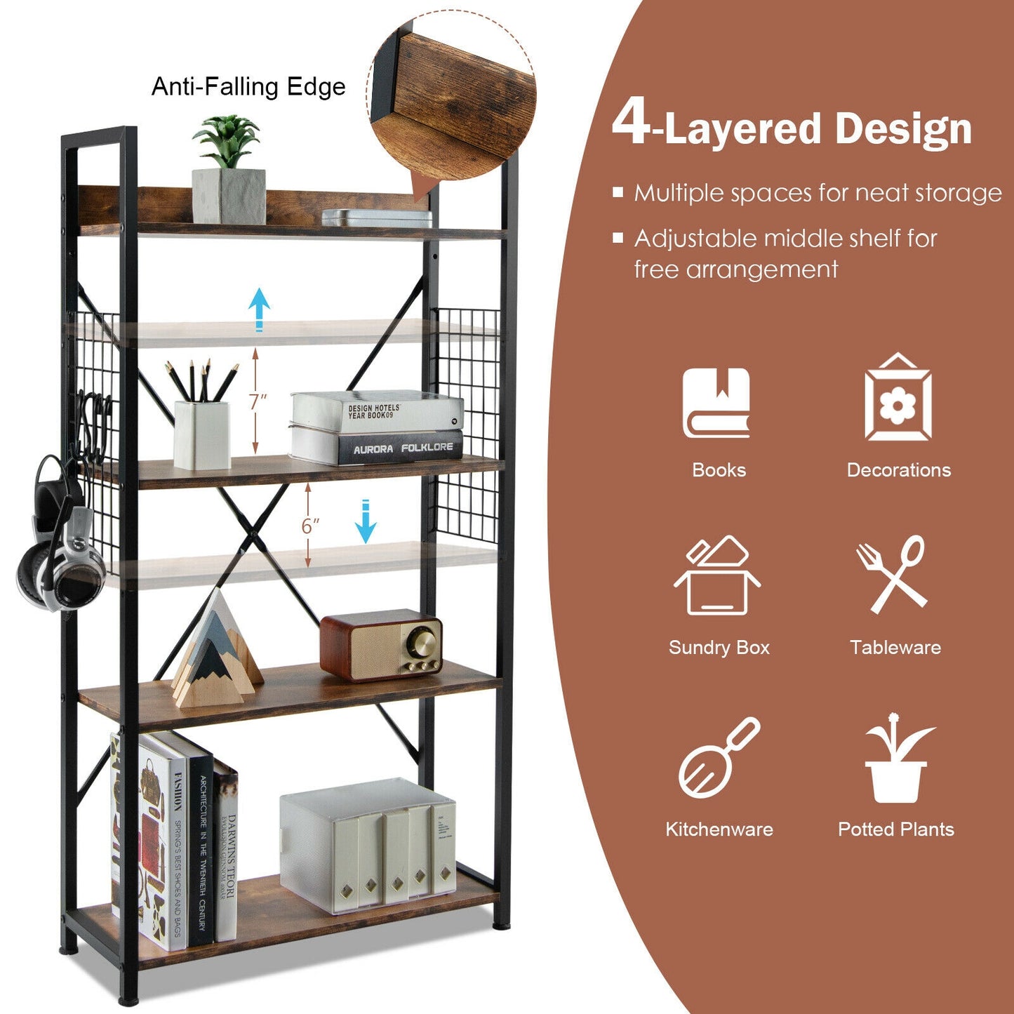 4-Tier Industrial Open Storage Bookshelf, Dark Brown Bookcases at Gallery Canada