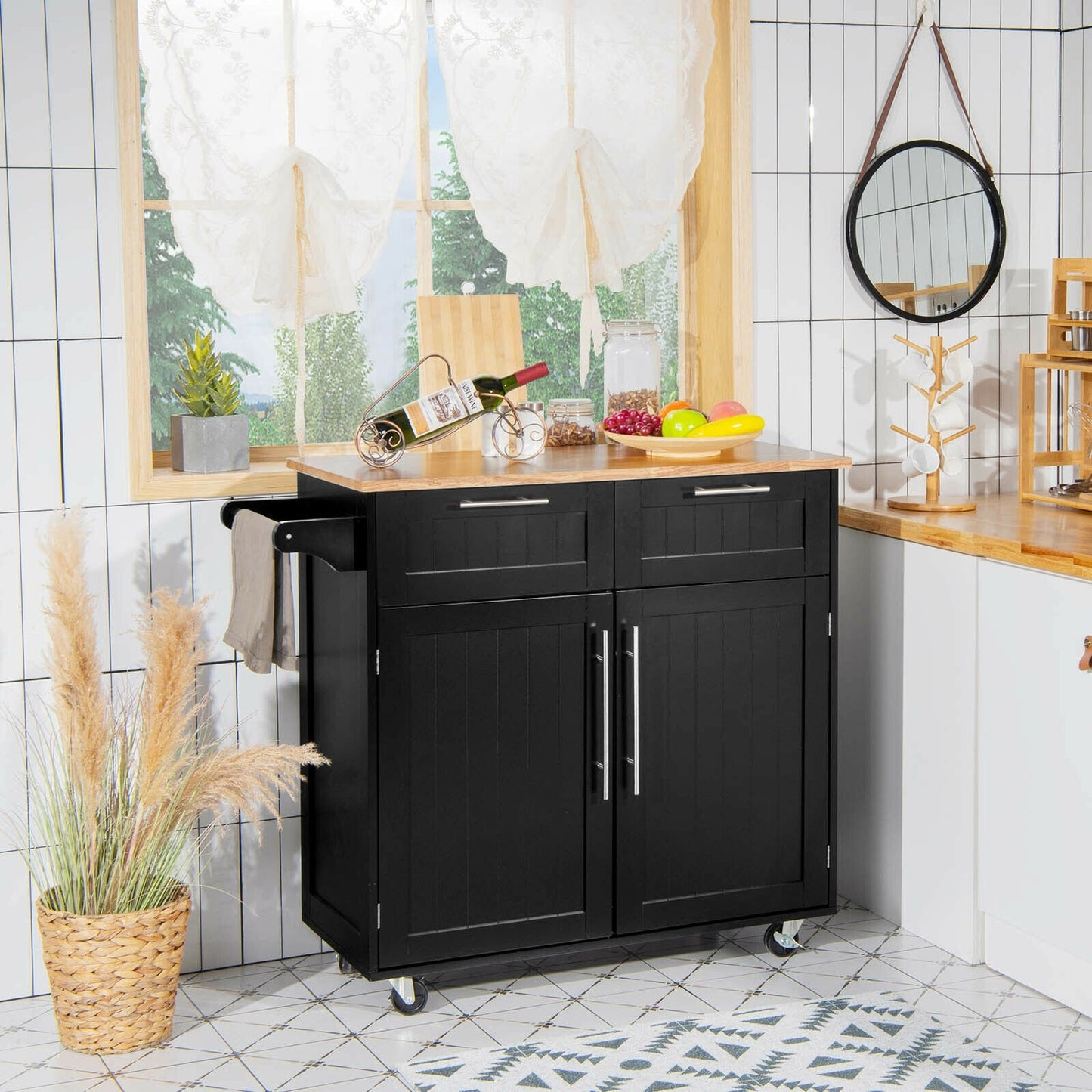Heavy Duty Rolling Kitchen Cart with Tower Holder and Drawer, Black at Gallery Canada