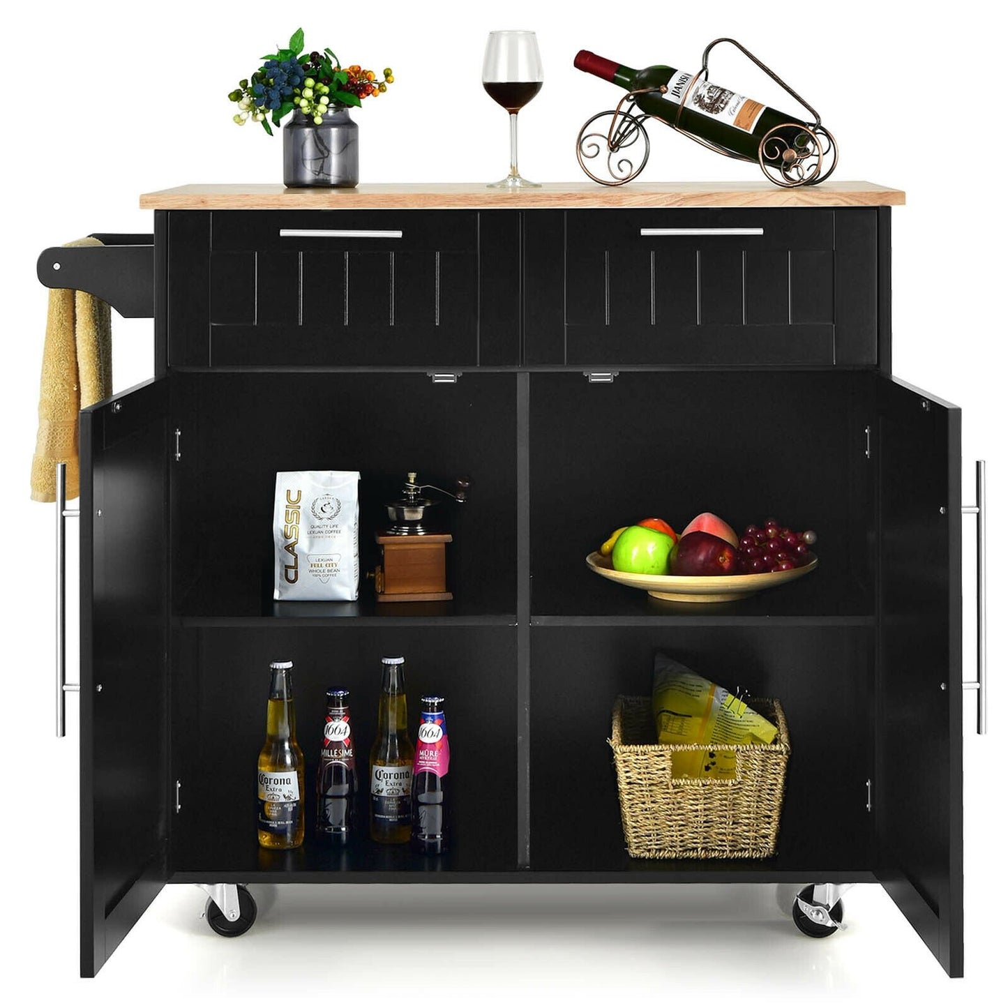 Heavy Duty Rolling Kitchen Cart with Tower Holder and Drawer, Black at Gallery Canada