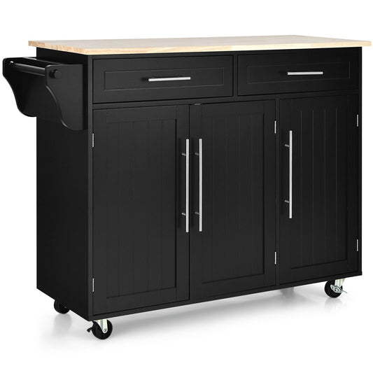 Kitchen Island Trolley Wood Top Rolling Storage Cabinet Cart with Knife Block, Black
