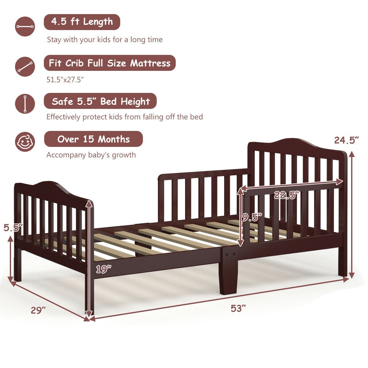 Classic Design Kids Wood Toddler Bed Frame with Two Side Safety Guardrails, Brown at Gallery Canada