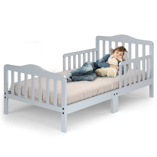 Classic Design Kids Wood Toddler Bed Frame with Two Side Safety Guardrailss, Gray