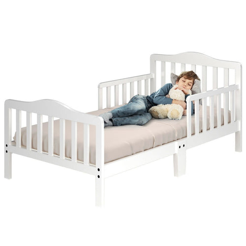 Classic Design Kids Wood Toddler Bed Frame with Two Side Safety Guardrails, White