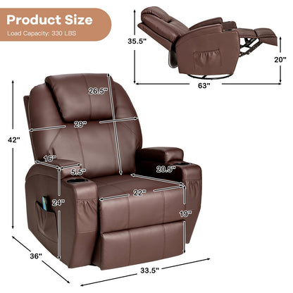 360-Degree Swivel Massage Recliner Chair with Remote Control for Home, Brown