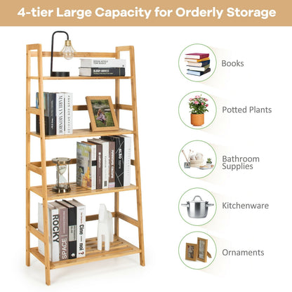 4-Tier Bamboo Bookshelf Ladder Shelf Plant Stand Rack, Natural