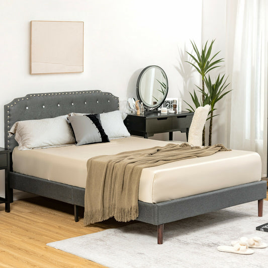 Upholstered Bed Frame, Adjustable Headboard, Full Size, Gray