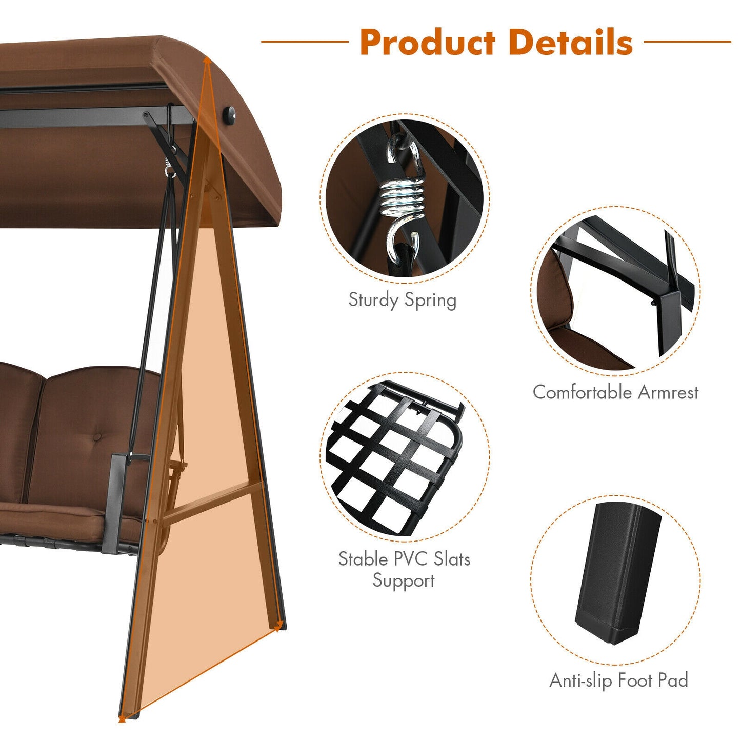 3-Seat Porch Swing, Adjustable Canopy, Cushions, Brown Porch Swings at Gallery Canada
