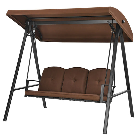 Outdoor 3-Seat Porch Swing with Adjust Canopy and Cushions, Brown