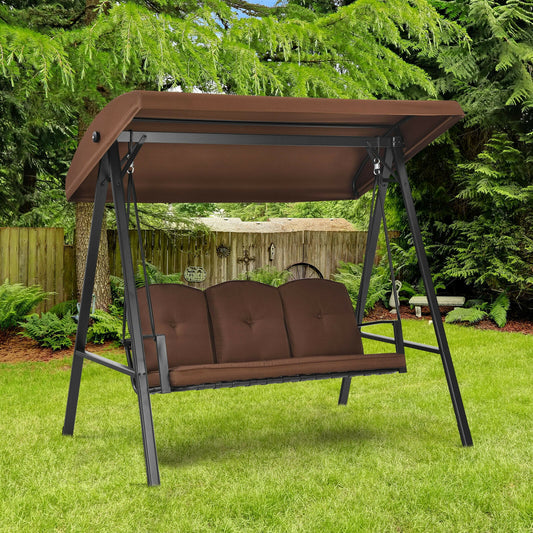 3-Seat Porch Swing, Adjustable Canopy, Cushions, Brown