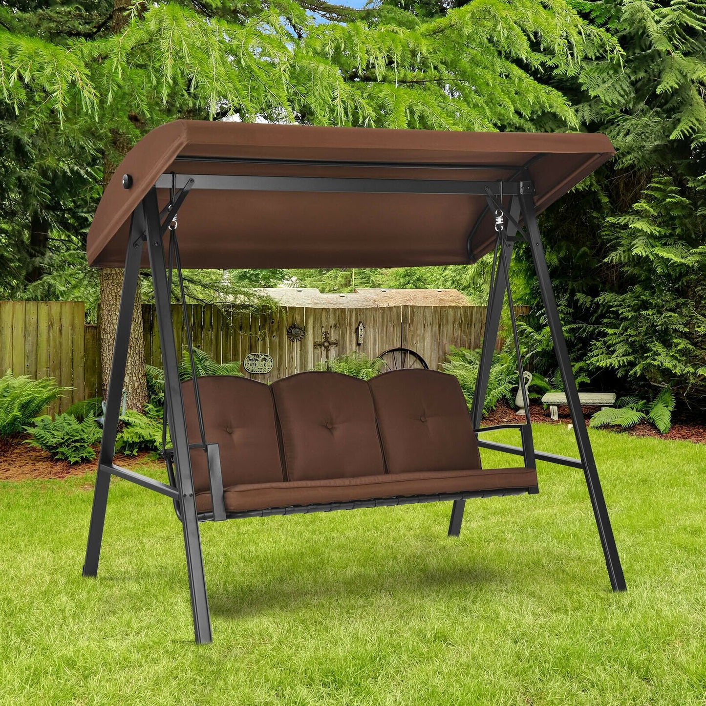 Outdoor 3-Seat Porch Swing with Adjust Canopy and Cushions, Brown at Gallery Canada