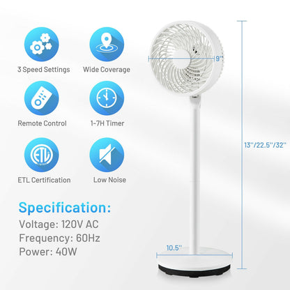 9 Inch Portable Oscillating Pedestal Floor Fan with Adjustable Heights and Speeds, White