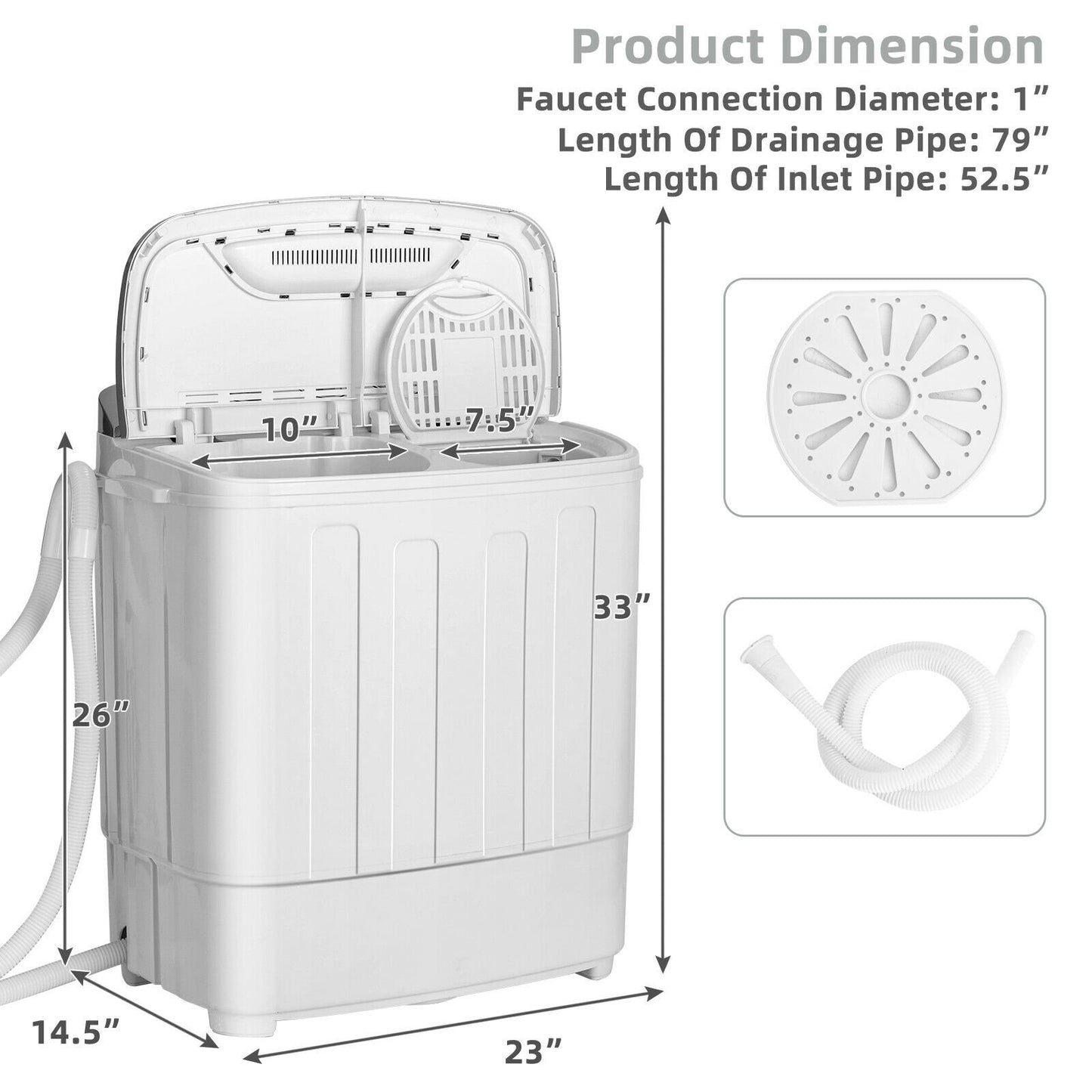 8 lbs Portable Mini Twin Tub Spinner Semi-Automatic Washing Machine, Gray