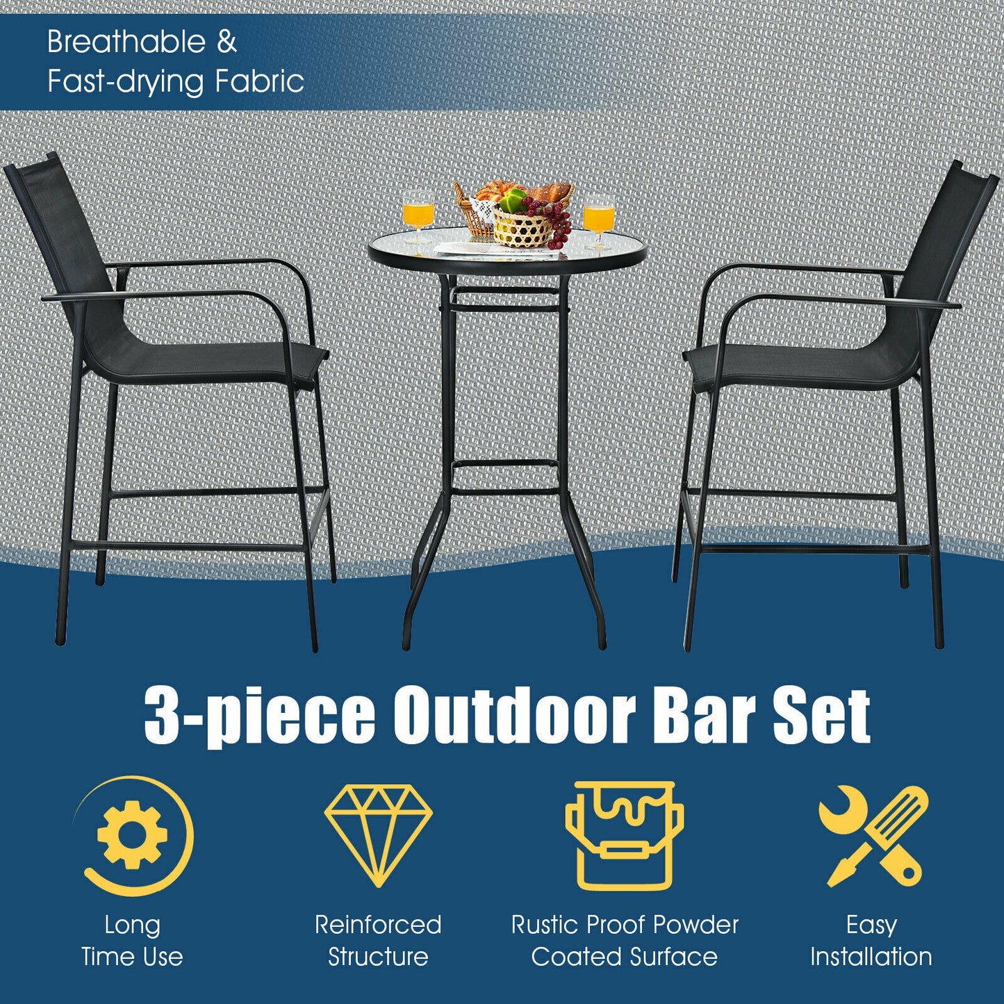 3 Piece Outdoor Patio Bar Table Stool Set, Black