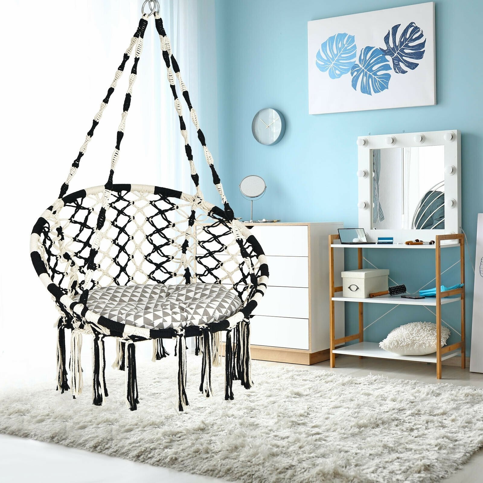 Hanging Hammock Chair with Cushion Macrame Swing Cotton Rope Indoor Outdoor, Black & White at Gallery Canada