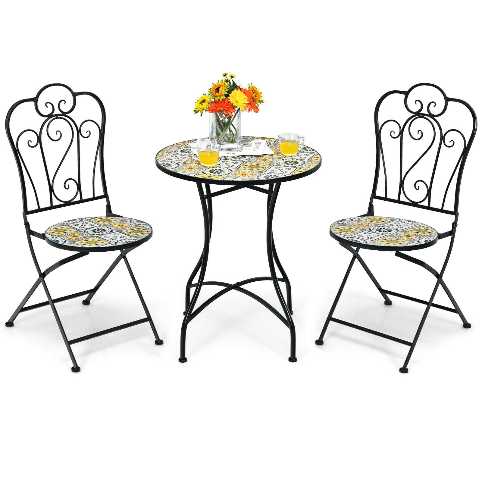 3 Pieces Patio Bistro Mosaic Design Set with Folding Chairs and Round Table, Black at Gallery Canada