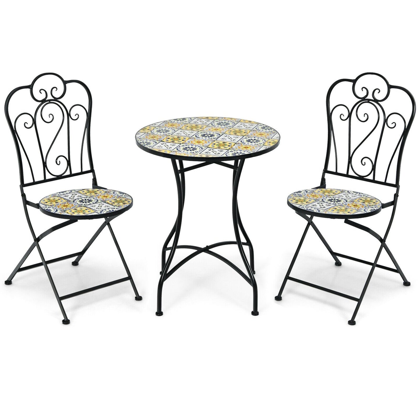 3 Pieces Patio Bistro Mosaic Design Set with Folding Chairs and Round Table, Black at Gallery Canada