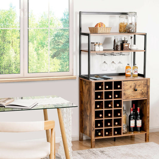 Kitchen Bakers Rack With Wine Rack, Glass Holder, Drawer, Rustic Brown