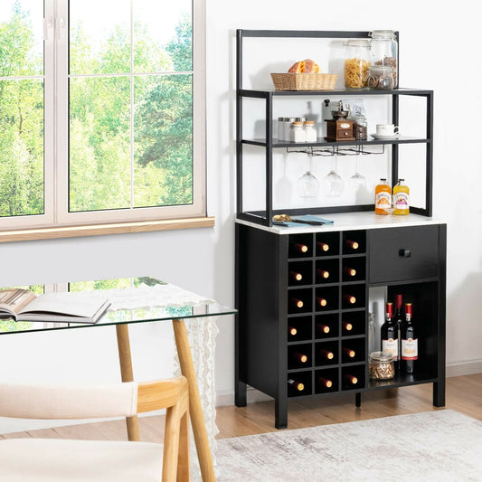 Kitchen Bakers Rack With Wine Rack, Glass Holder, Drawer, Black