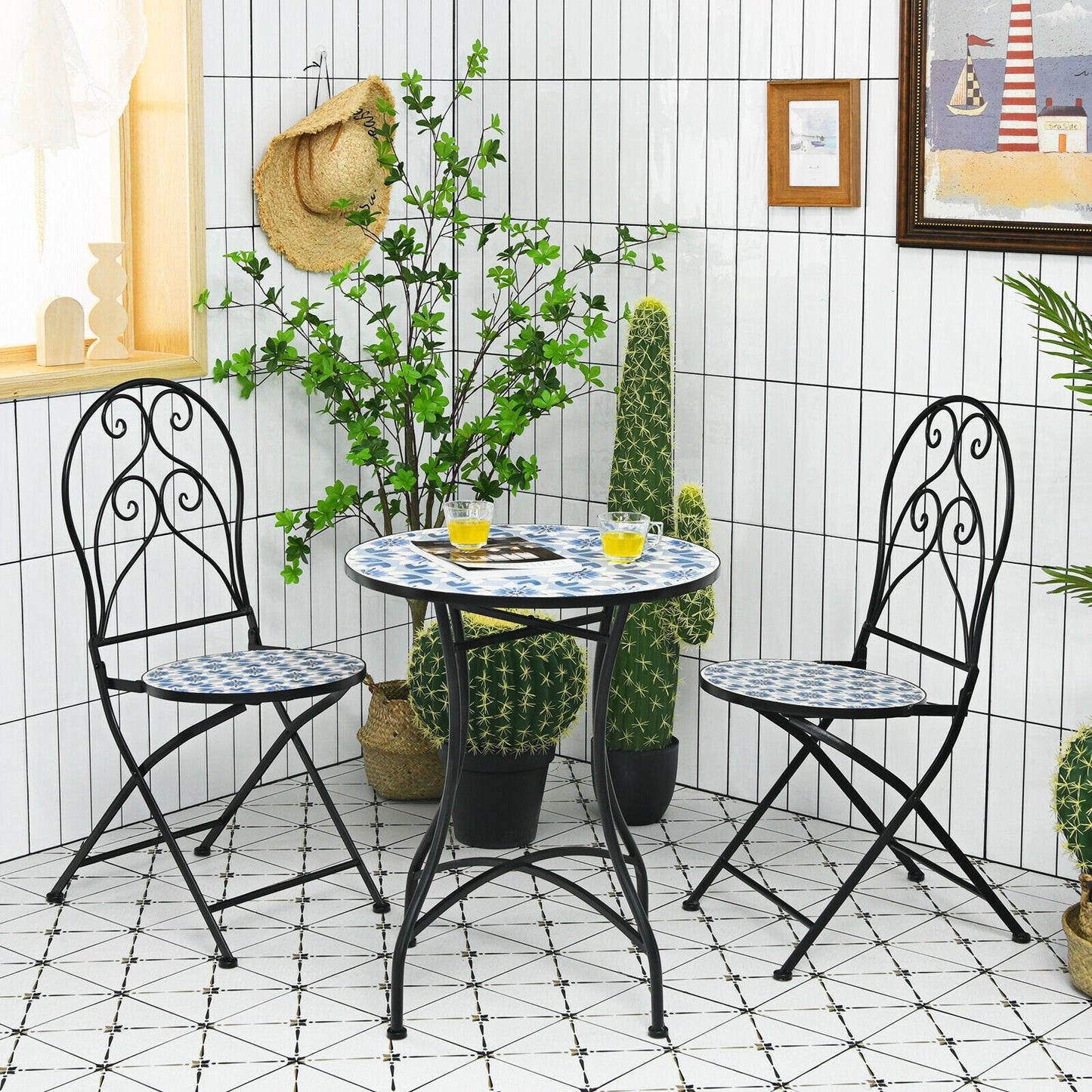 3 Pieces Patio Bistro Furniture Set with Mosaic Design, Black at Gallery Canada