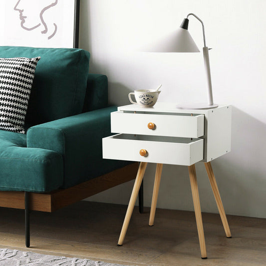 Mid Century Modern Nightstand, 2 Drawers, Natural White Nightstands White at Gallery Canada