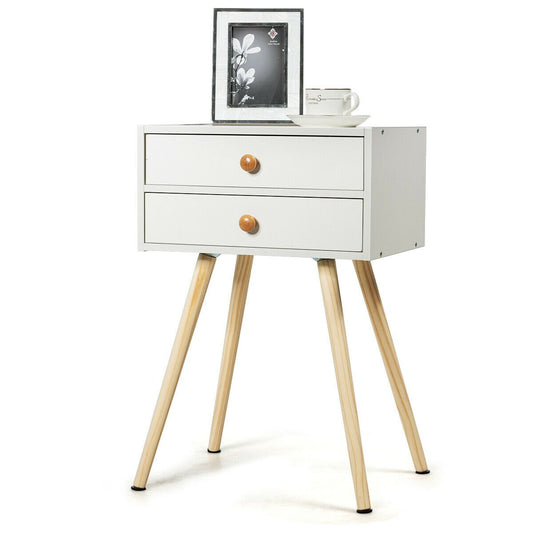 Mid Century Modern 2 Drawers Nightstand in Natural, White at Gallery Canada