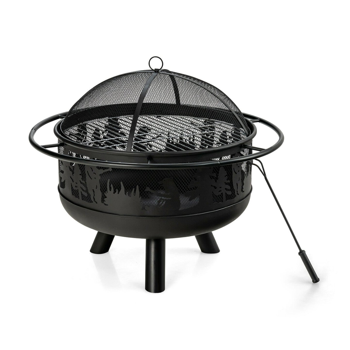 30 Inch Patio Round Fire Pit with  Fire Poker Cooking Grill, Black at Gallery Canada