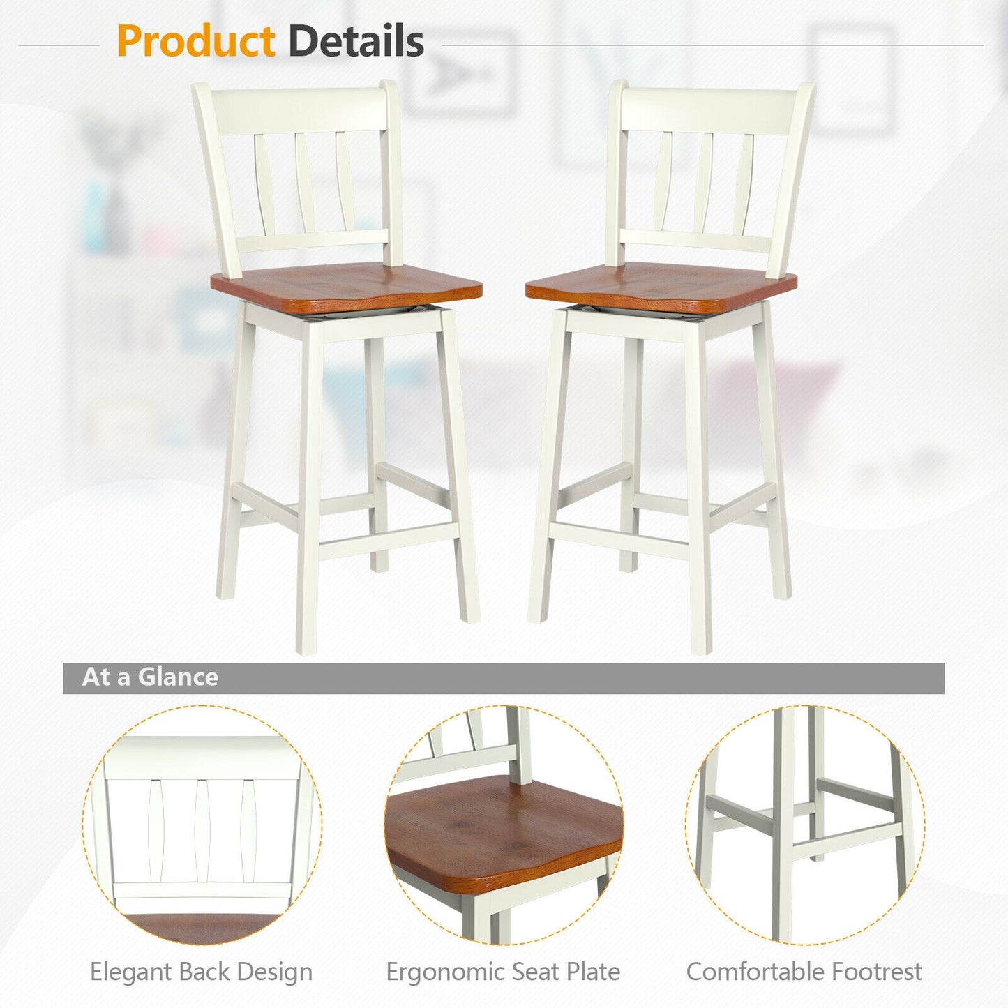 24.5 Inches Set of 2 Swivel Bar Stools with 360° Swiveling, White Bar Stools at Gallery Canada