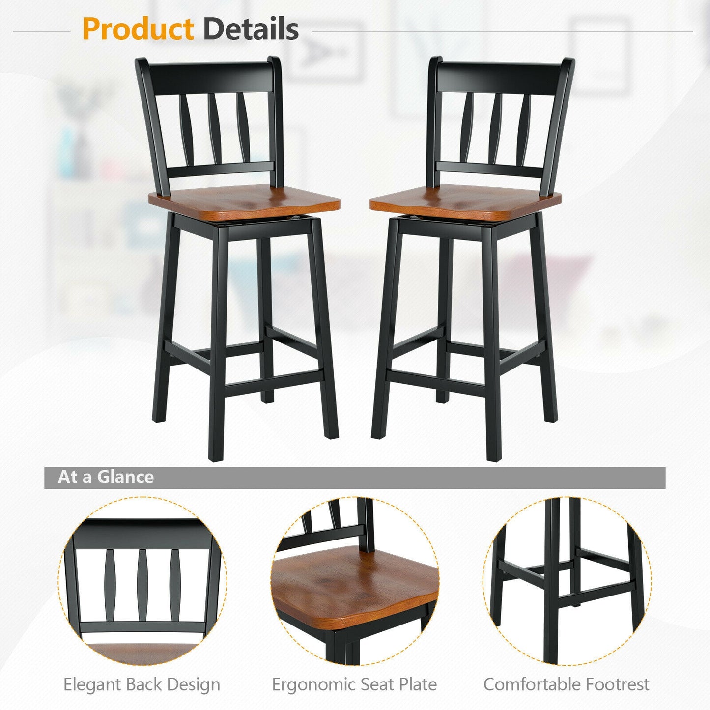 Set Of 2 Swivel Bar Stools, 24.5 Inches, Black Bar Stools at Gallery Canada