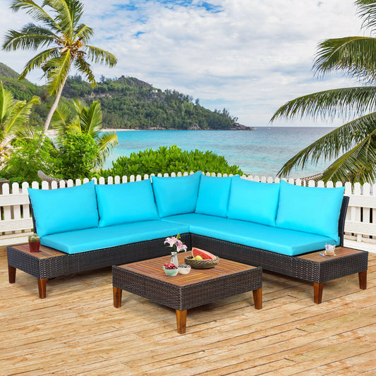 4 Piece Patio Rattan Furniture Set, Wooden Side Table, Turquoise