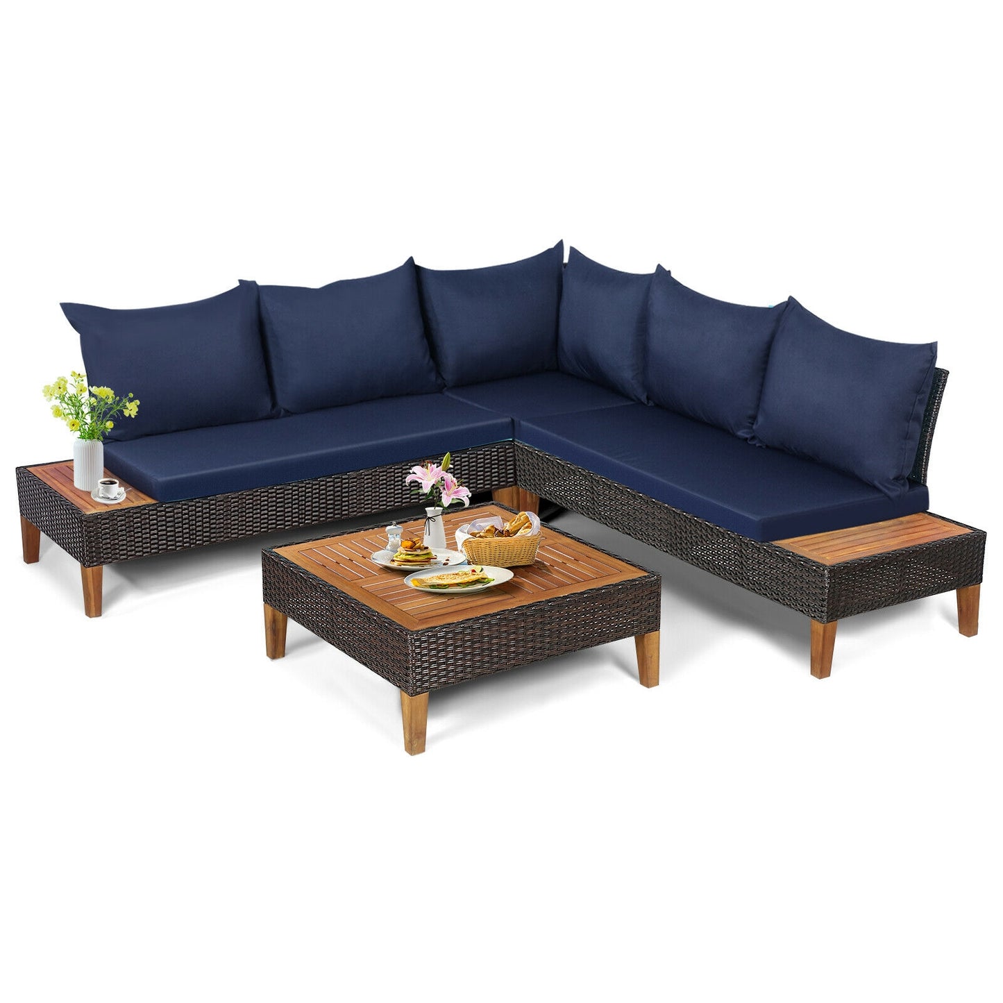 4 Piece Patio Rattan Furniture Set, Wooden Side Table, Navy Outdoor Sectionals at Gallery Canada