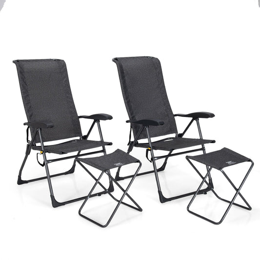 4 Pieces Patio Adjustable Back Folding Dining Chair Ottoman Set, Gray