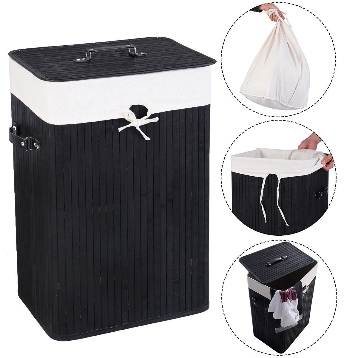 Rectangle Bamboo Hamper Laundry Basket Washing Cloth Bin Storage Bag Lid 3 color, Black at Gallery Canada