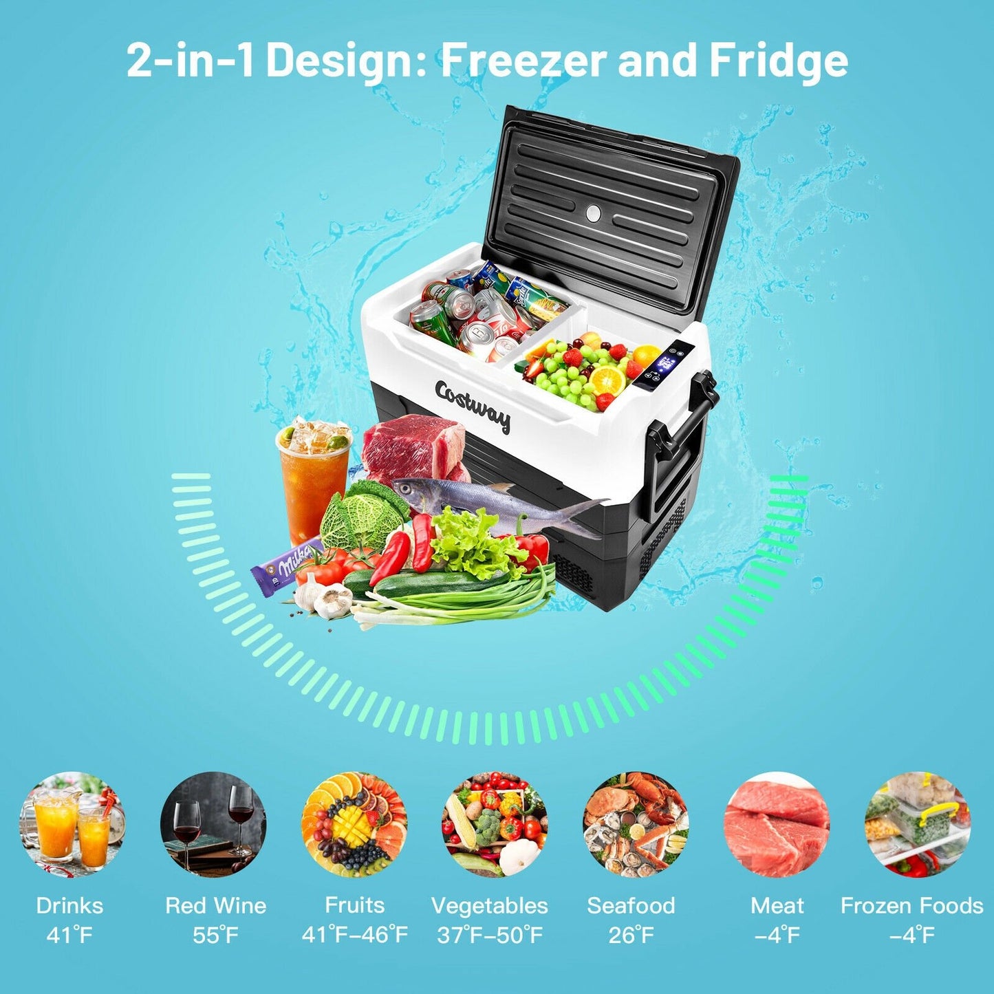 58 Quarts Car Refrigerator Portable RV Freezer Dual Zone with Wheel, Black