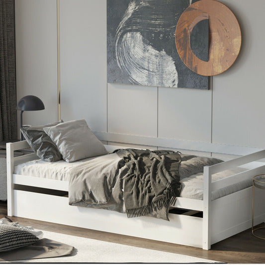 Twin Size Wooden Slat Trundle Platform Bed, White Trundle Bed Frame White at Gallery Canada