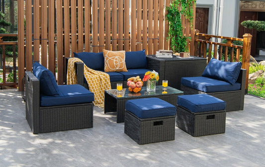 8 Piece Patio Rattan Storage Table Set, Navy Outdoor Sectionals Navy at Gallery Canada