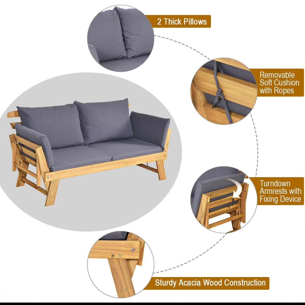 Convertible Solid Wood Sofa With Cushion, Gray Outdoor Benches at Gallery Canada