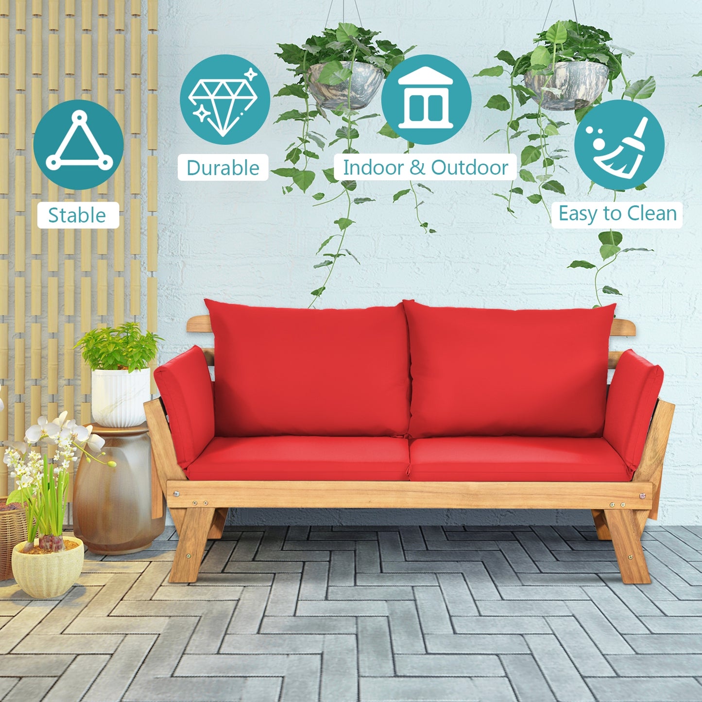 Adjustable Patio Convertible Sofa with Thick Cushion, Red Outdoor Benches at Gallery Canada